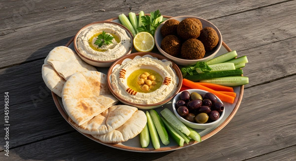 Fototapeta Middle Eastern mezze platter with hummus, baba ganoush, falafel, pita bread, olives, and fresh vegetables