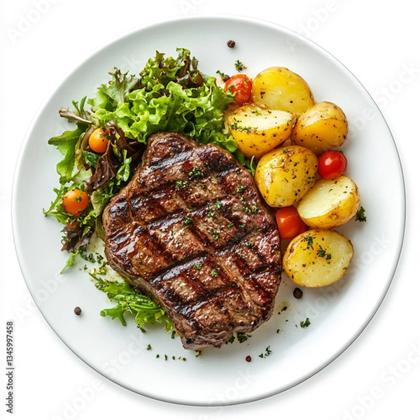 Obraz delicious, juicy steak with potatoes and salad on a white plate, top view, isolated on a white background
