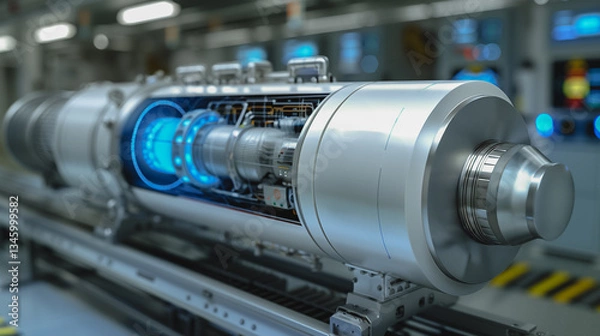 Fototapeta Engine Technology: A close-up view showcasing a complex engine, its inner workings exposed in a cutaway. Illuminated by a cool, vibrant blue light, emphasizing the advanced technology.