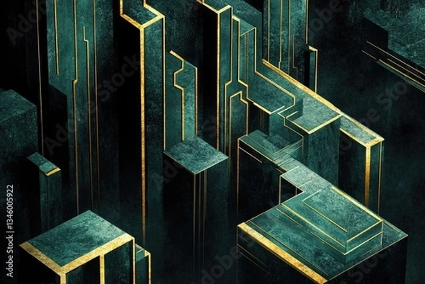Fototapeta Abstract isometric illustration of dark teal geometric shapes with gold accents, creating a futuristic cityscape.