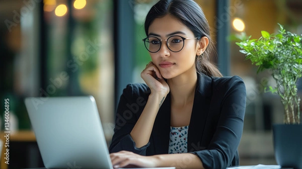Fototapeta Focused professional financial it specialist latin hispanic business lady working concentrated on laptop pc sitting in office. Middle eastern indian woman using computer technology app for work online