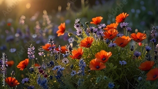 Fototapeta A beautiful cluster of wildflowers, featuring vibrant daisies, purple lavender, and red poppies, each petal kissed by fresh morning dew, bathed in the soft glow of the sunrise.