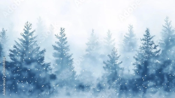 Fototapeta Watercolor painting of snowy trees, serene tones, in a winter forest, with copy space