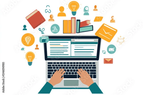 Obraz Online Learning Laptop, Books, Ideas, and Knowledge Sharing