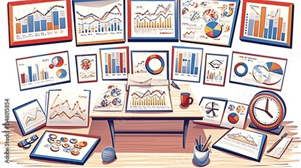 Obraz Desk cluttered with various charts and graphs.