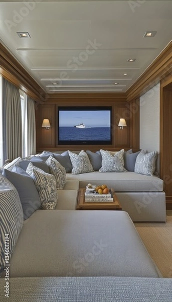 Obraz Relaxing lounge area with a large screen showing a yacht at sea, plush seating and coffee table with books.