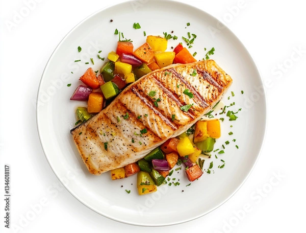 Fototapeta Grilled salmon steak with mixed vegetables on a white plate, top view, isolated on a transparent background