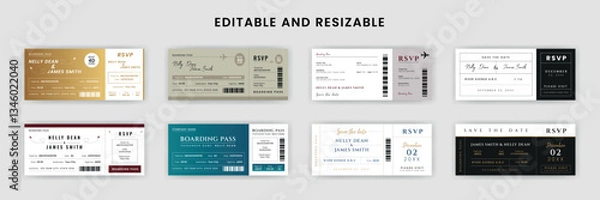 Obraz Boarding Pass Invitation For Airplane and Boat, Bundle of Airline Boarding Pass Design Template. Minimalist Flight Ticket and Wedding Invitation.