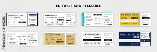 Obraz Boarding Pass Invitation For Airplane and Boat, Bundle of Airline Boarding Pass Design Template. Minimalist Flight Ticket and Wedding Invitation.