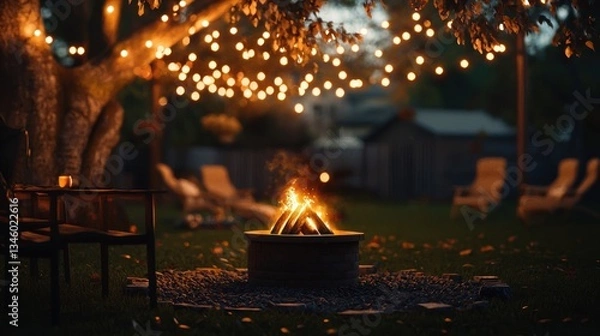 Fototapeta Cozy Backyard Fire Pit Under String Lights