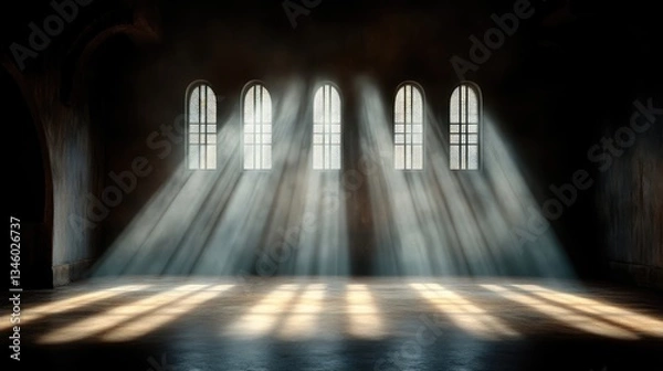 Obraz Sunlight streams into a dark interior space through arched windows