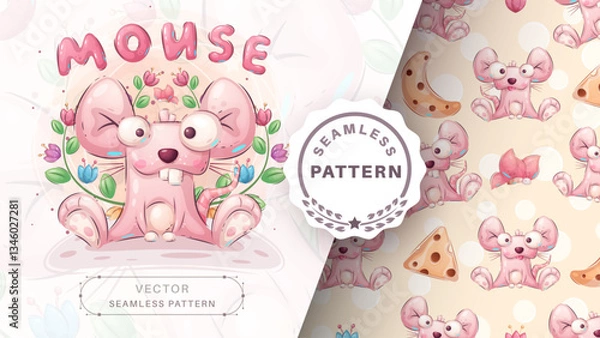 Fototapeta Cartoon character animal crazy mouse - seamless pattern sticker