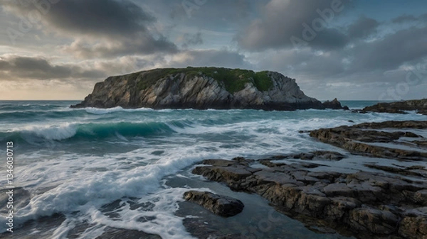 Fototapeta A scenic view of a rocky cliff surrounded by ocean waves crashing under a cloudy sky. The intricate rock formations and the dynamic movement of the waves