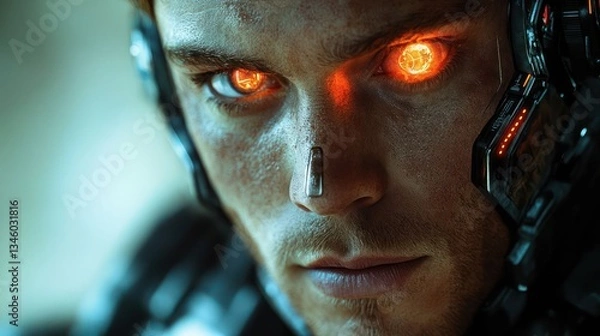 Fototapeta Futuristic close-up of a cyborg with glowing eyes, showcasing advanced technology and human emotion