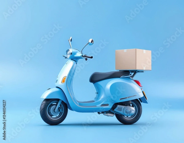 Fototapeta Delivery Scooter with Package on Blue Background - Courier Service Concept