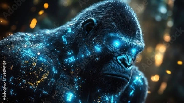Fototapeta Futuristic gorilla with glowing circuitry in a lush jungle, showcasing technology and nature