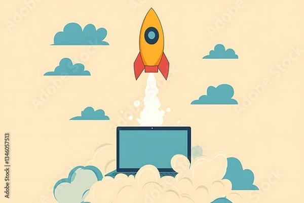 Fototapeta Rocket Launch for Laptop Startup, Cloud.