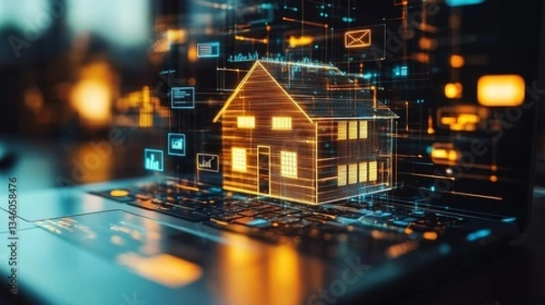 Fototapeta AI-Powered Smart Real Estate Management for Maximum Efficiency. A digital virtual house model displayed on a laptop screen in a futuristic environment.