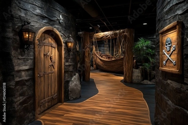 Fototapeta A pirate-themed amusement park section, complete with a large pirate ship ride and treasure hunt games