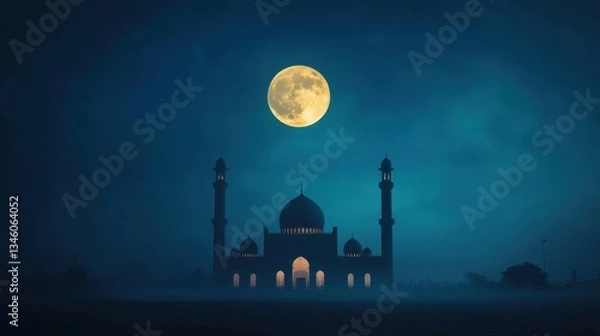 Fototapeta Serene Night Scene with Majestic Mosque Silhouette Beneath Full Moon in a Calm and Dreamy Atmosphere