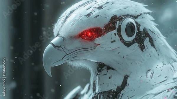 Fototapeta Futuristic robotic hawk with glowing red eyes in a snowy urban environment, showcasing advanced technology