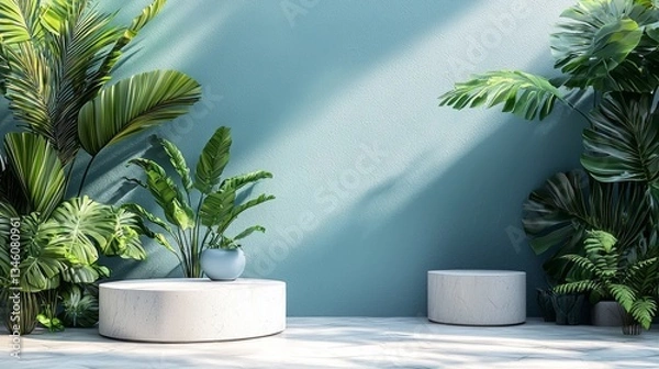 Fototapeta Vibrant green plants flourish against a soft blue wall, creating a tranquil indoor garden. Sleek seating complements the natural beauty, illuminated by gentle sunlight