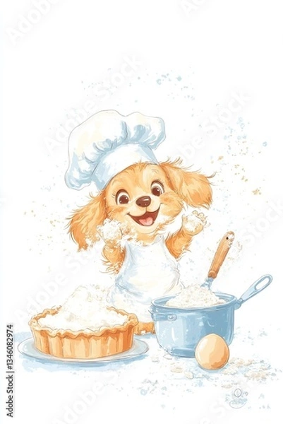 Fototapeta Cute puppy chef baking delight with flour and pastry