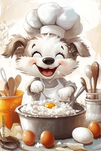 Fototapeta Happy cartoon puppy chef baking with joyful enthusiasm