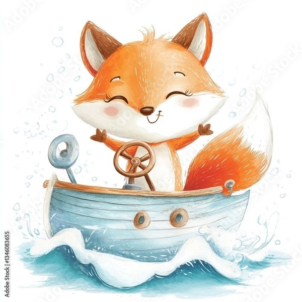 Fototapeta Adorable cartoon fox joyfully sailing in a small wooden boat with splashing waves