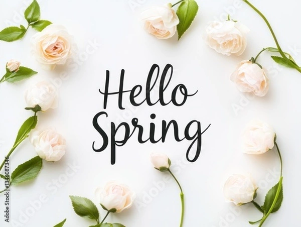 Obraz Elegant handwritten Hello spring surrounded by white roses on soft background
