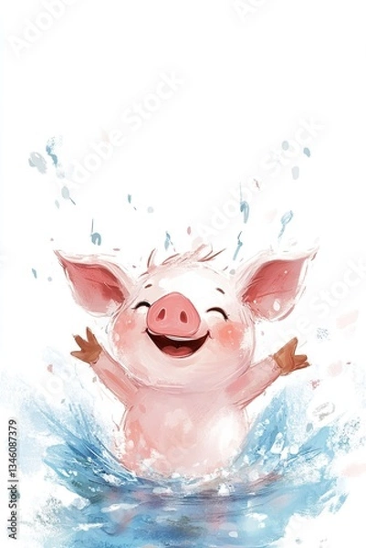 Fototapeta Joyful cartoon piglet playing in water illustration with splashing water and smiling expression