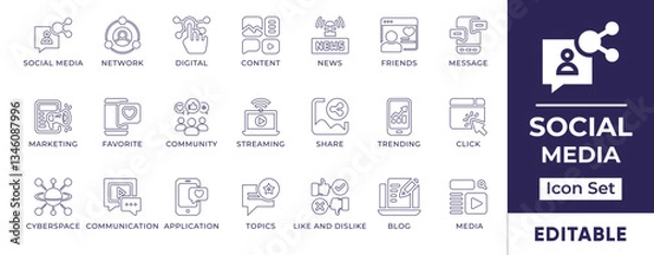 Fototapeta Minimalist social media line icon set representing digital communication, networking, sharing, likes, comments, messages, notifications, live streaming, and online interaction.