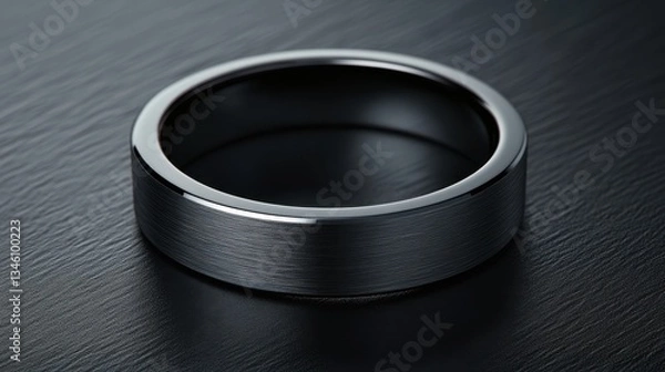 Fototapeta A stylish mens tungsten ring on a bold matte black background with soft lighting