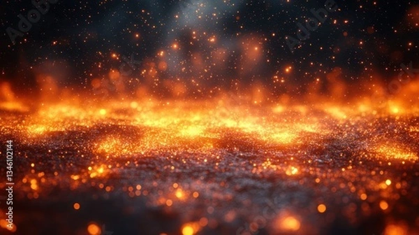 Fototapeta Glowing embers and sparks on a dark, textured surface, creating a fiery atmosphere