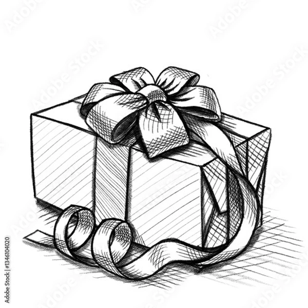 Obraz Gift box with bow for New Year, Birthday or Christmas, digital pencil drawing