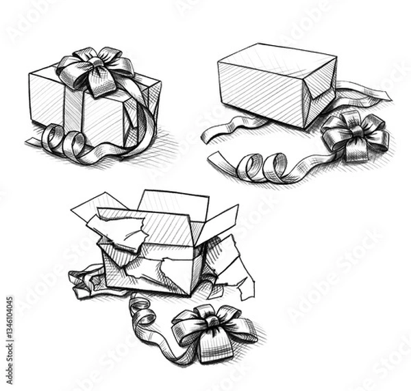 Obraz Unpacking  of gift box with bow for New Year, Birthday or Christmas, digital pencil drawing