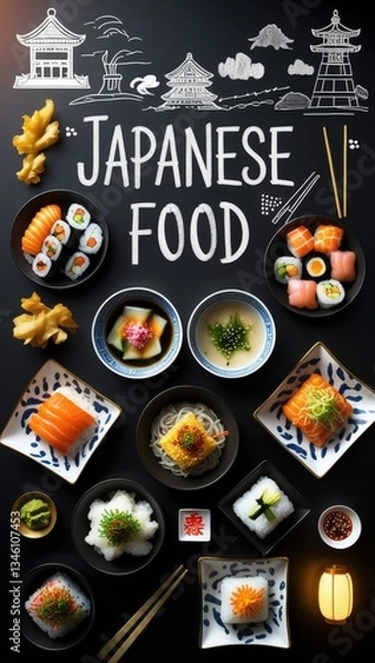 Fototapeta Authentic Japanese Cuisine – A Stunning Top-View Showcase of Traditional Dishes