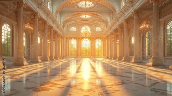 Fototapeta Grand hall with ornate architecture illuminated by golden sunlight through large windows