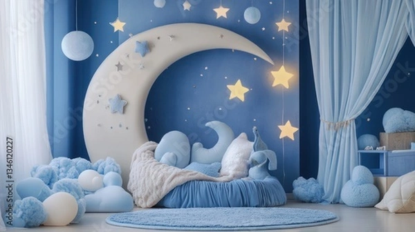 Obraz Celestial-themed nursery with moon, stars, clouds, and plush seating.