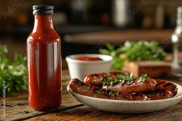 Fototapeta A ketchup bottle with a blank label positioned near a dish of grilled sausages with dipping sauce, set on a rustic wooden kitchen counter, isolated background