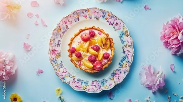 Fototapeta A delicate fruit tart on a decorative plate against a soft powder blue background