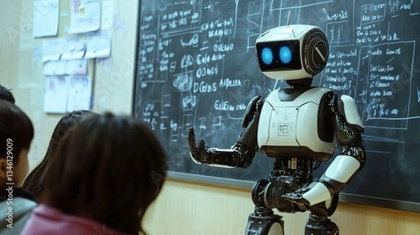 Fototapeta Robot teacher and students work together at blackboard in classroom. Future education in school or college, artificial intelligence technology cartoon flat style isolated vector concept