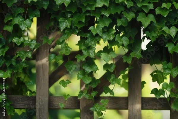 Fototapeta Lush green ivy cascading gently over a rustic wooden fence in a tranquil garden setting