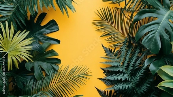 Obraz A vibrant tropical background with green palm leaves and ferns on a bright yellow background. Detailed vector illustration featuring exotic foliage in a fresh summer composition.