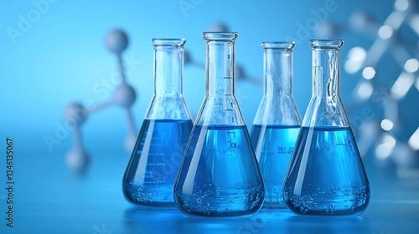 Obraz Laboratory glassware with blue liquid on abstract background. AI generated image