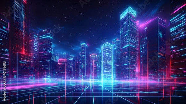 Fototapeta An abstract digital city design showcasing a cityscape with space and neon light effects, embodying modern high-tech, science, and futuristic technology concepts, perfect for a banner background