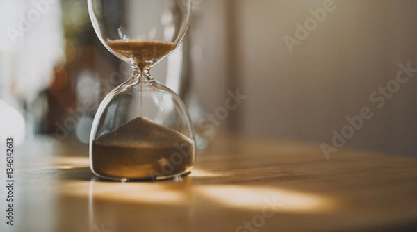 Fototapeta Hourglass with sand running out, symbolizing passing time, time, clock, sand, symbol, concept, running out, hour 
