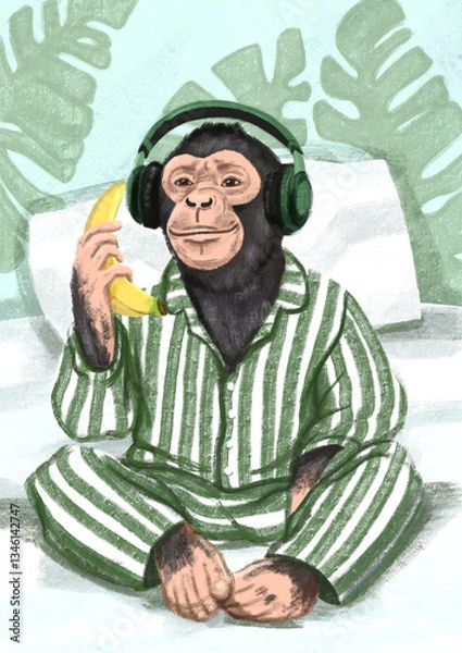 Obraz Monkey dressed in striped pajamas sits in bed with headphones and holds banana like phone, digital drawing, colored pencils. Anthropomorphic animal