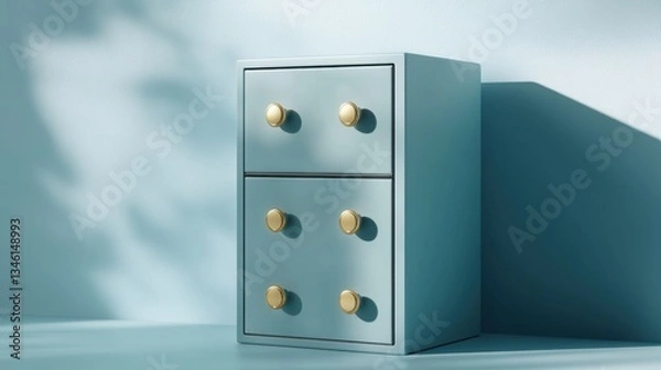 Fototapeta A stackable cosmetic storage unit with sleek design and golden knobs against a soft sky blue background