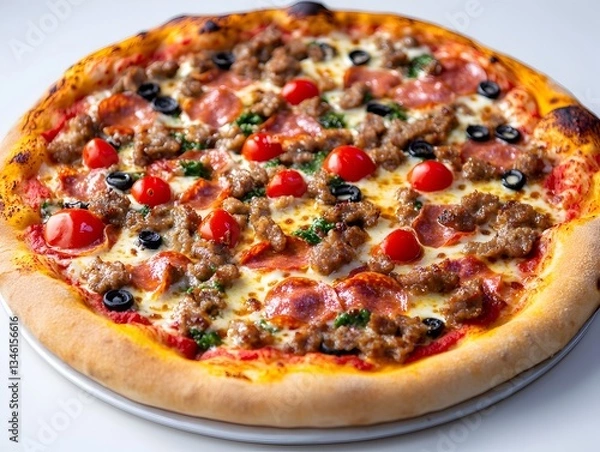Fototapeta Delicious homemade meat lovers pizza with pepperoni sausage and olives on a crispy crust perfect for sha with family and friends.